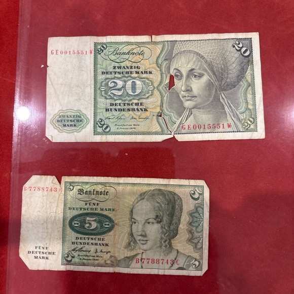 Other - Vintage German Banknotes – 5 & 20 Deutsche Mark – Historical Currency
